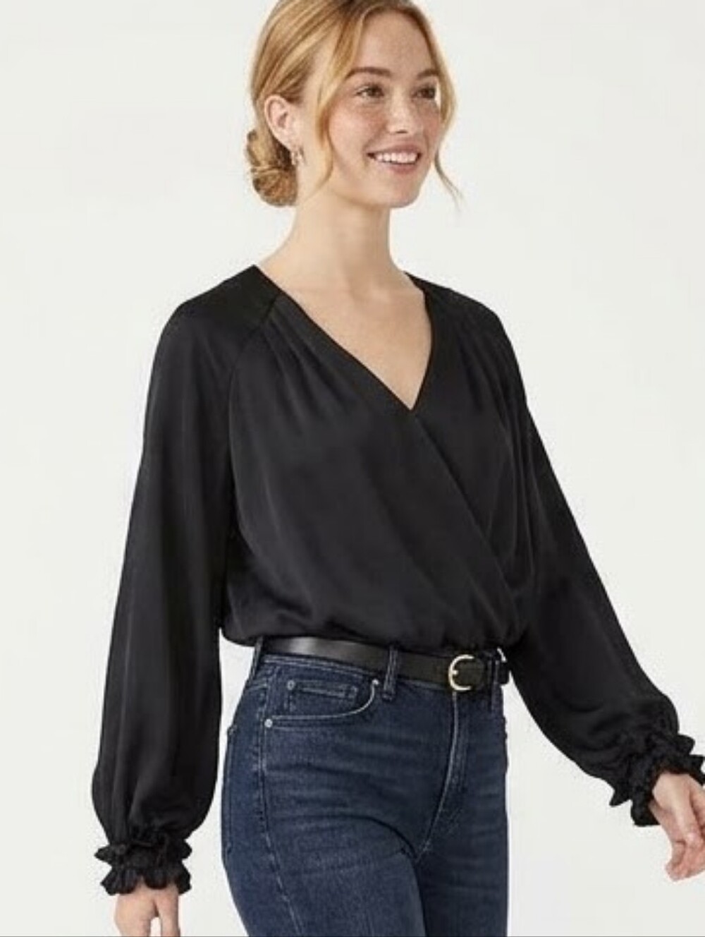 Express Black Satin Surplice Blouse